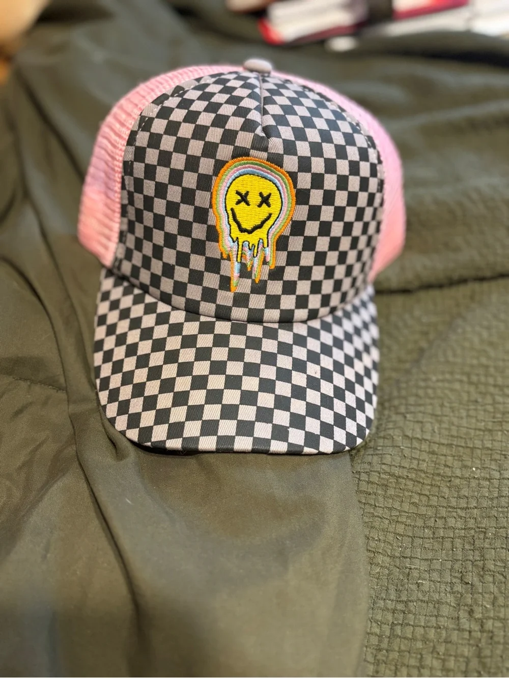 Checkered Pink Mesh Trucker Cap with Smiley Patch